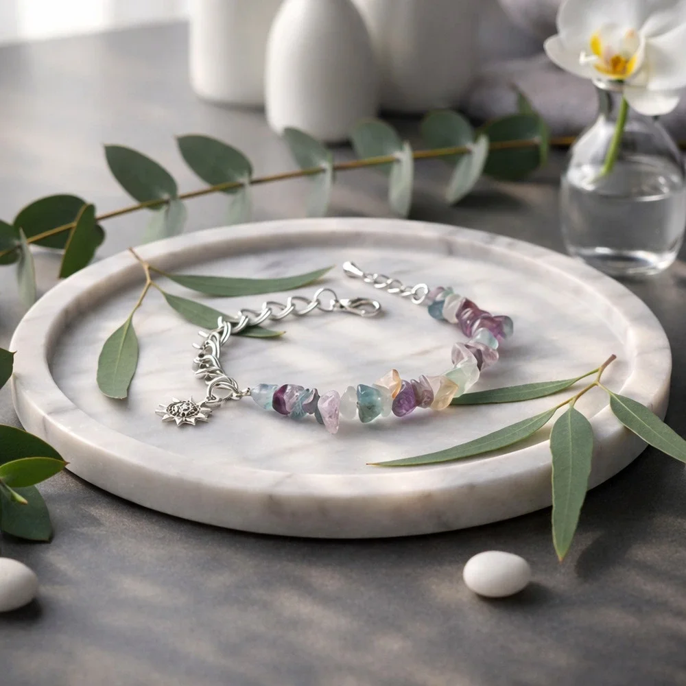 Rainbow Fluorite Silver Plated Bracelet Sun Charm Celestial Boho Crystal 7.5